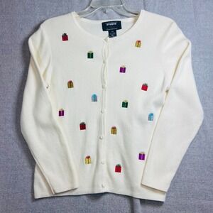 VTG Designers Originals Studio Joy Petite‎ Medium Christmas Cardigan Embroidered